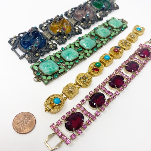 680 Collection Of 4 Vintage Ornate Link Bracelets, All Mixed Materials - Picture 3 of 13